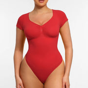Puce Red V-neck shaping bodysuit front fit