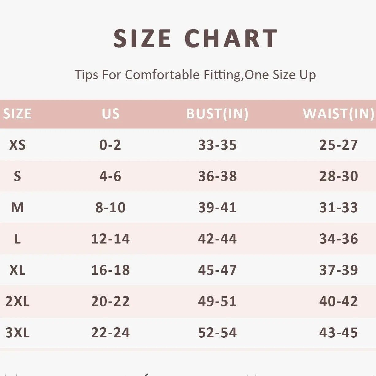 NINONERA SculptFit US size chart XS through 3XL
