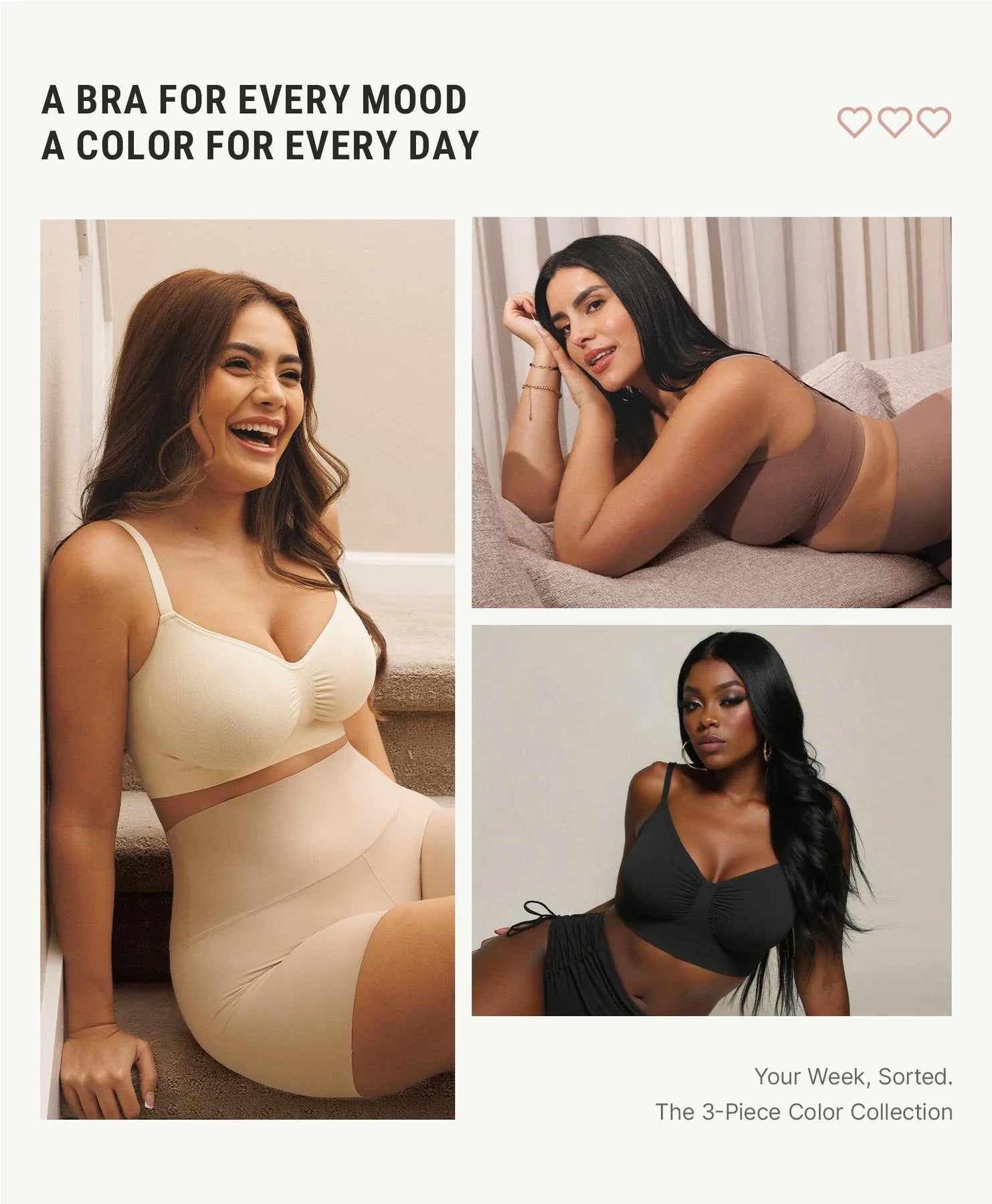 Women wearing wireless bras in everyday settings