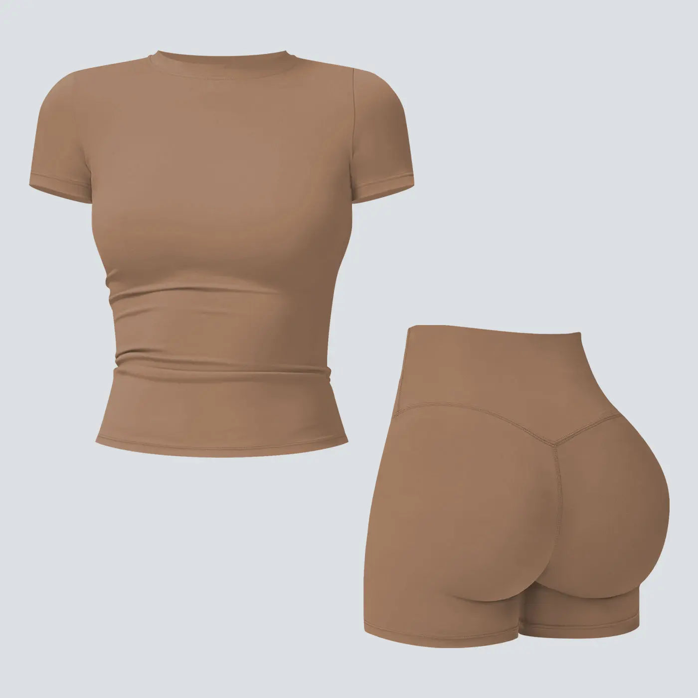 NINONERA 2-Piece Boat Neck Open-Back Workout Set — Mocha Brown