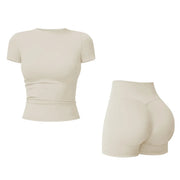 NINONERA 2-Piece Boat Neck Open-Back Workout Set — Oat & Apricot