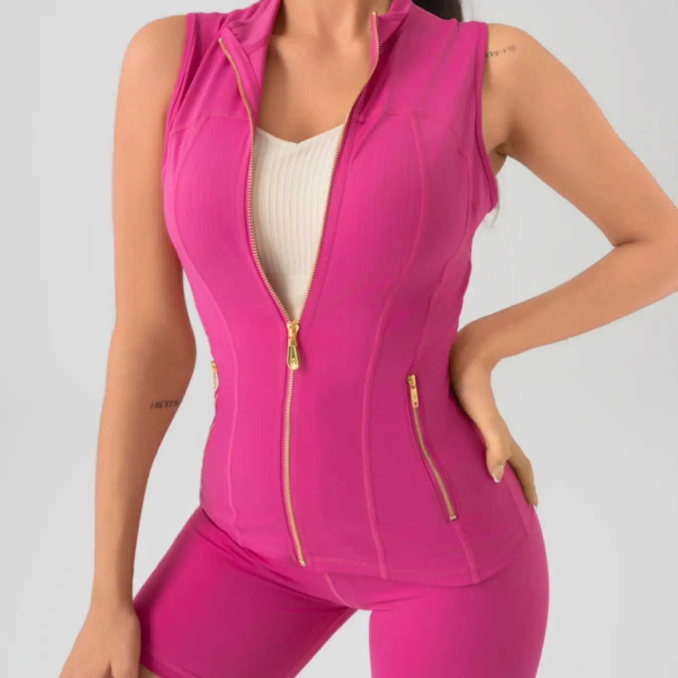 NINONERA 2-Piece Minimalist Gold-Color Zipper Vest & Tight Above-The-Knee Shorts Set - Airlayer Fabric — Hot Pink