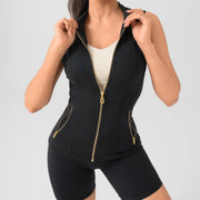 NINONERA 2-Piece Minimalist Gold-Color Zipper Vest & Tight Above-The-Knee Shorts Set - Airlayer Fabric — Black