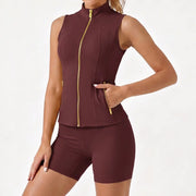 NINONERA 2-Piece Minimalist Gold-Color Zipper Vest & Tight Above-The-Knee Shorts Set - Airlayer Fabric — WineRed