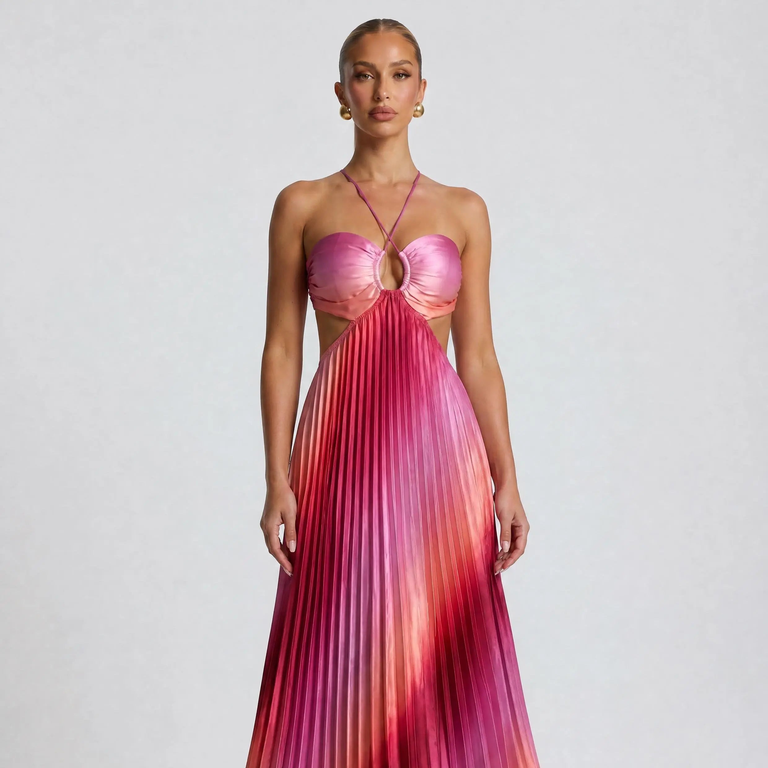 NINONERA 2026 Halter Cutout Ombre Pleated Maxi Dress - Satin Party Vacation Gown — Pink