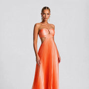 NINONERA 2026 Halter Cutout Ombre Pleated Maxi Dress - Satin Party Vacation Gown — Orange