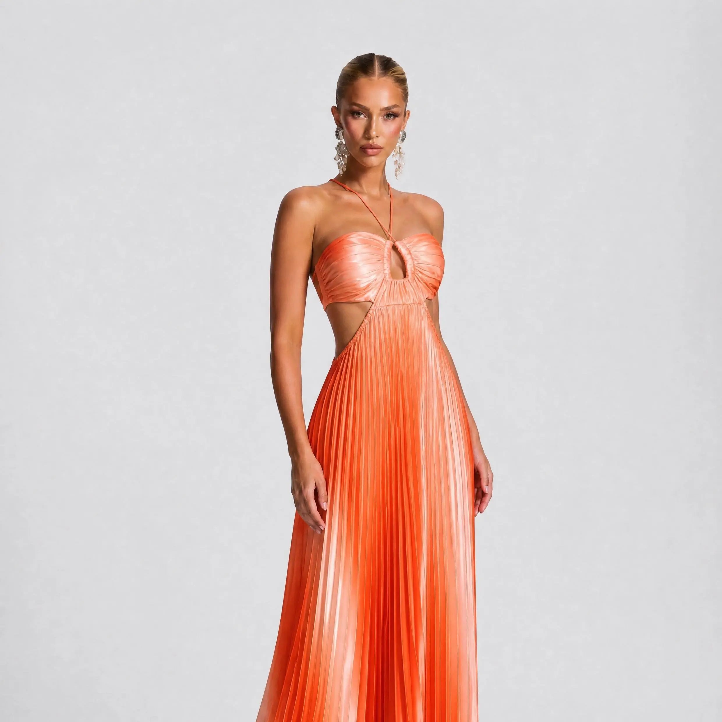 NINONERA 2026 Halter Cutout Ombre Pleated Maxi Dress - Satin Party Vacation Gown — Orange