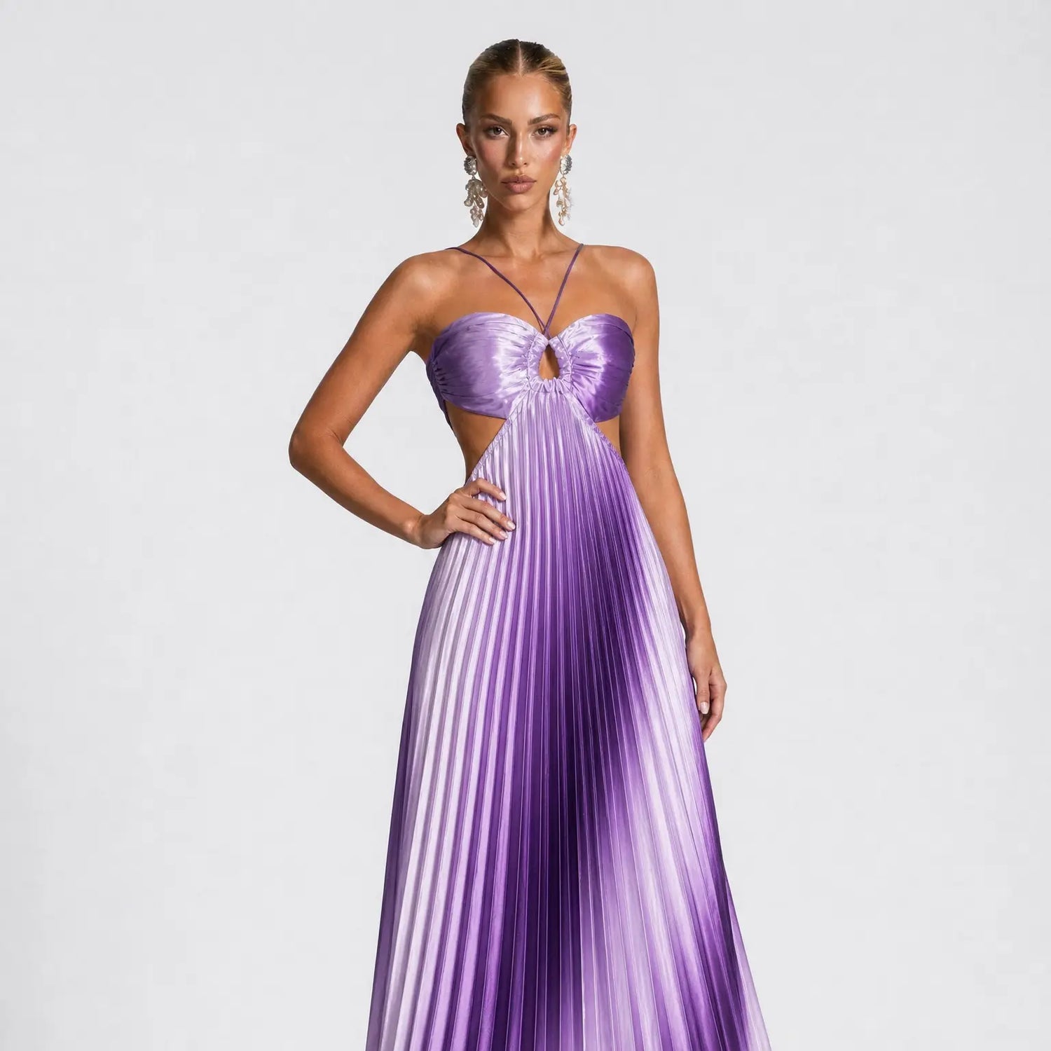 NINONERA 2026 Halter Cutout Ombre Pleated Maxi Dress - Satin Party Vacation Gown — Dreamy Purple