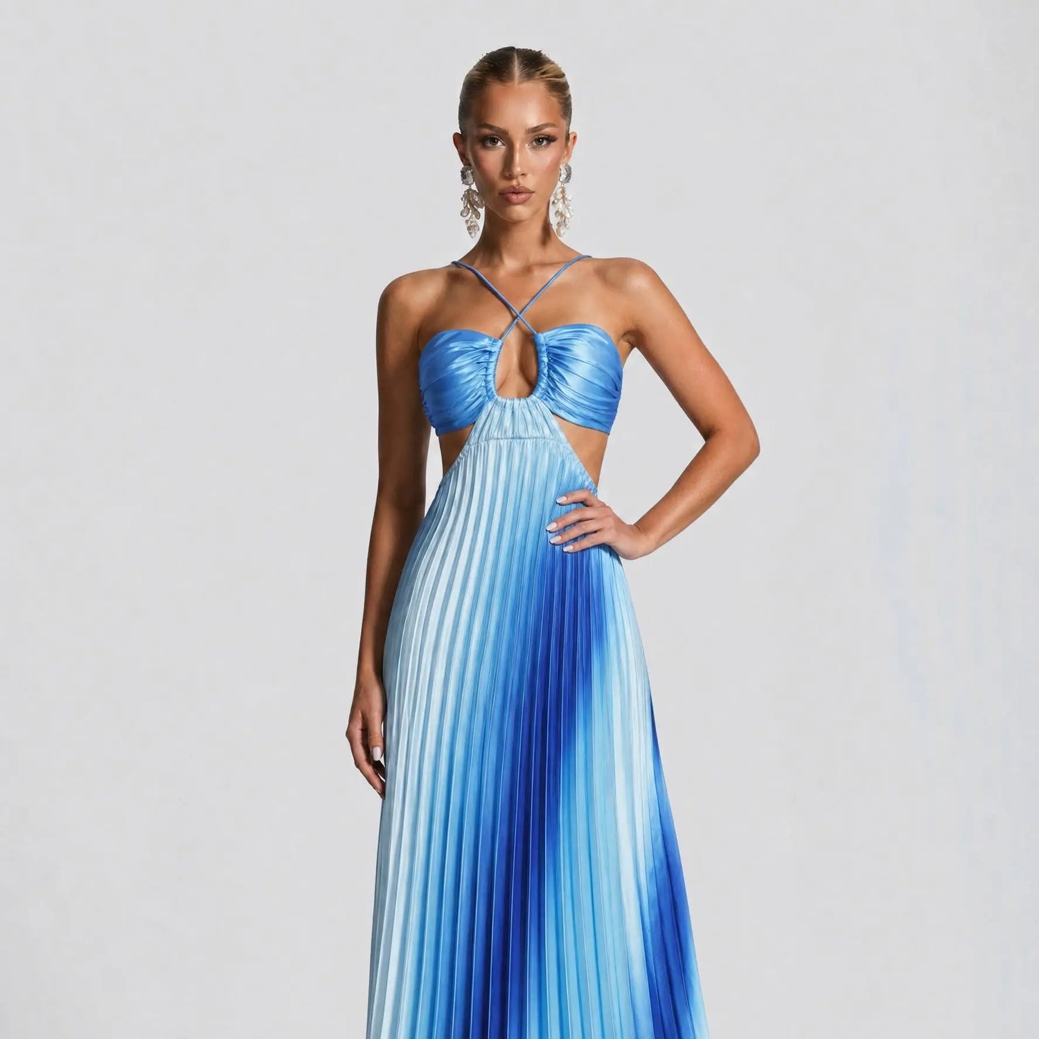 NINONERA 2026 Halter Cutout Ombre Pleated Maxi Dress - Satin Party Vacation Gown — Blue