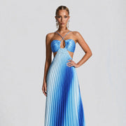 NINONERA 2026 Halter Cutout Ombre Pleated Maxi Dress - Satin Party Vacation Gown — Blue