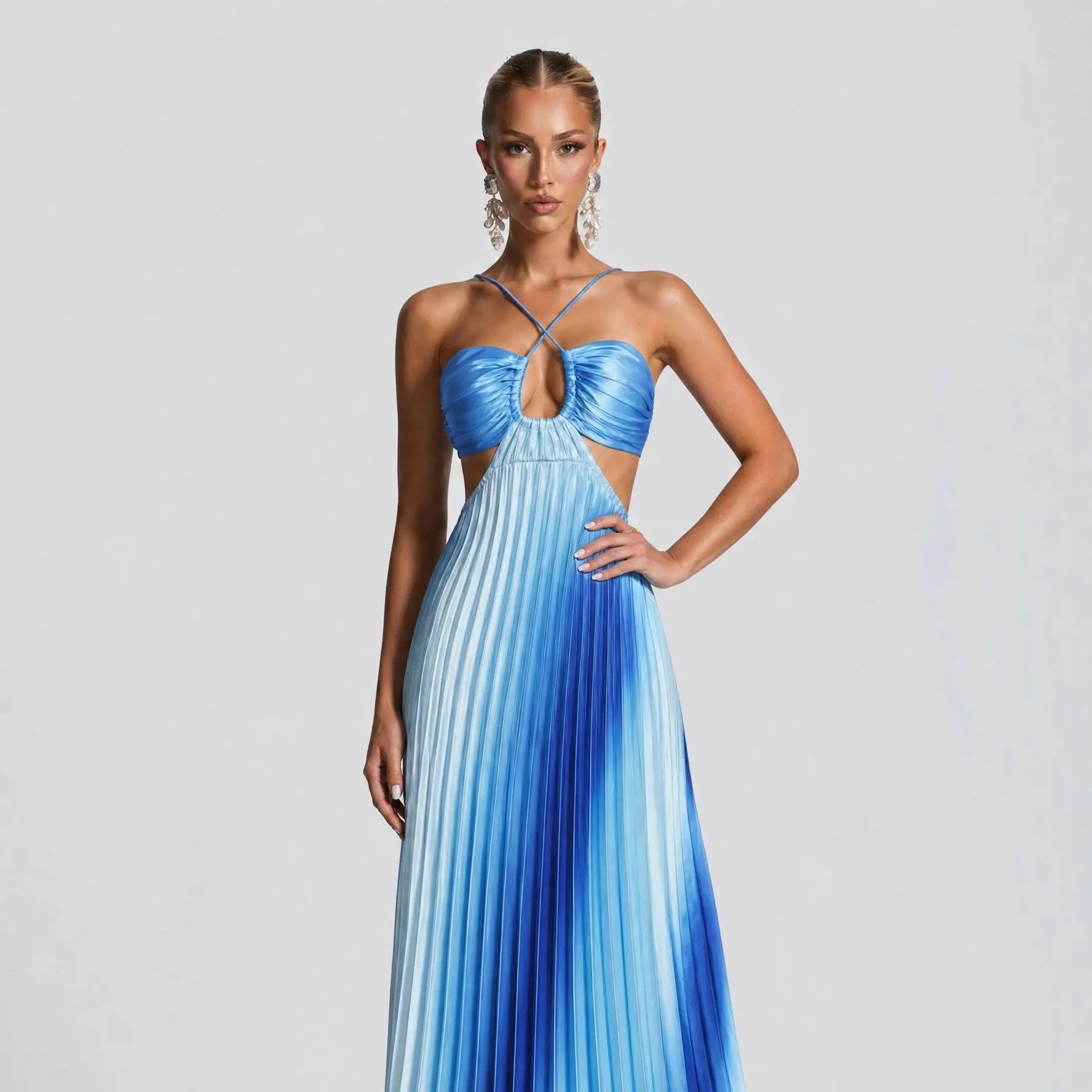 NINONERA 2026 Halter Cutout Ombre Pleated Maxi Dress - Satin Party Vacation Gown — Blue