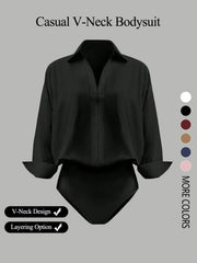 NINONERA Casual Loose V-Neck Long-Sleeved Shirt Bodysuit — Black