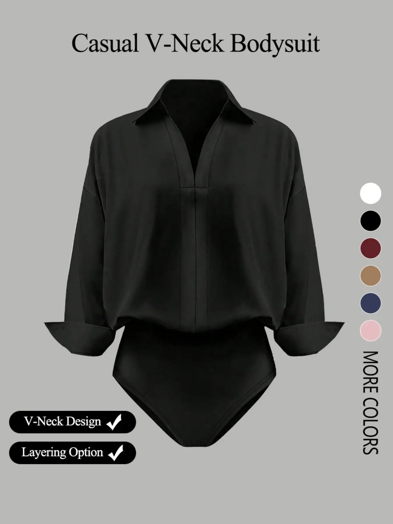 NINONERA Casual Loose V-Neck Long-Sleeved Shirt Bodysuit — Black