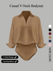 NINONERA Casual Loose V-Neck Long-Sleeved Shirt Bodysuit — Fawn Brown