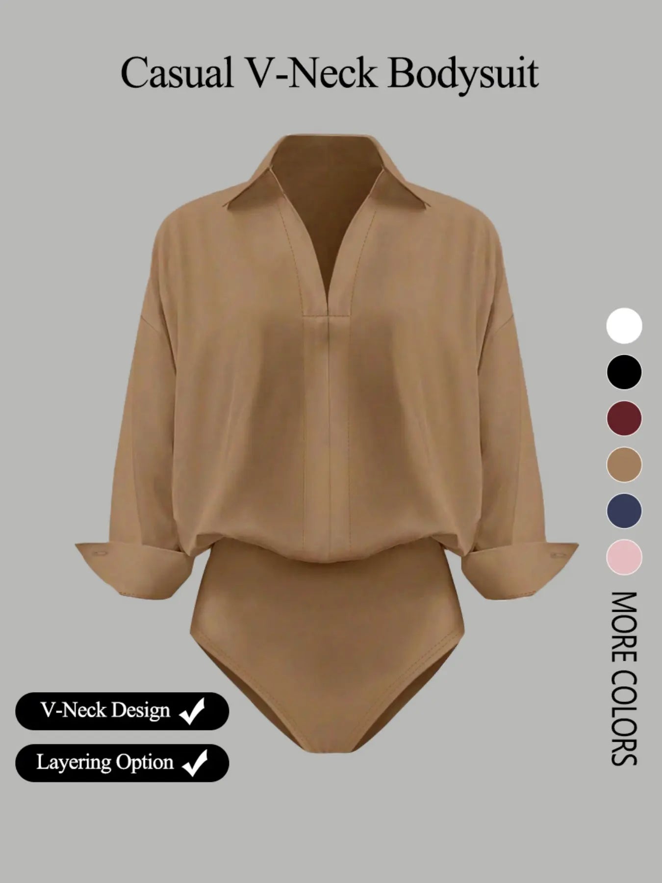 NINONERA Casual Loose V-Neck Long-Sleeved Shirt Bodysuit — Fawn Brown