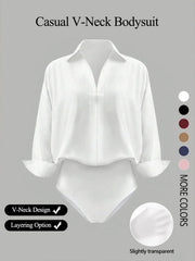 NINONERA Casual Loose V-Neck Long-Sleeved Shirt Bodysuit — White