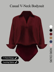NINONERA Casual Loose V-Neck Long-Sleeved Shirt Bodysuit — Burgundy