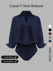 NINONERA Casual Loose V-Neck Long-Sleeved Shirt Bodysuit — Navy Blue