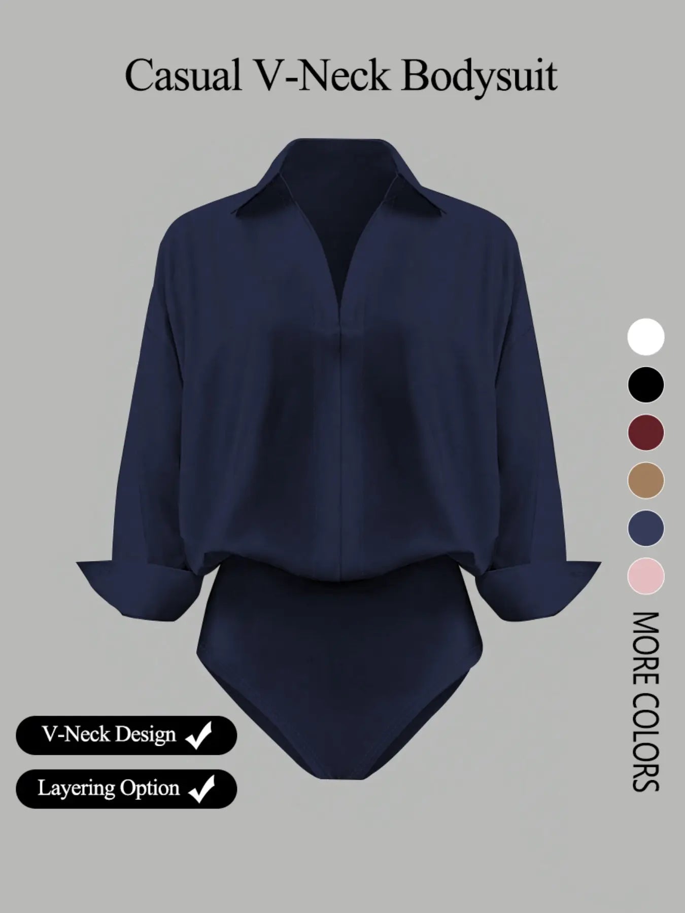 NINONERA casual loose V-neck long-sleeved shirt Bodysuit — Navy Blue