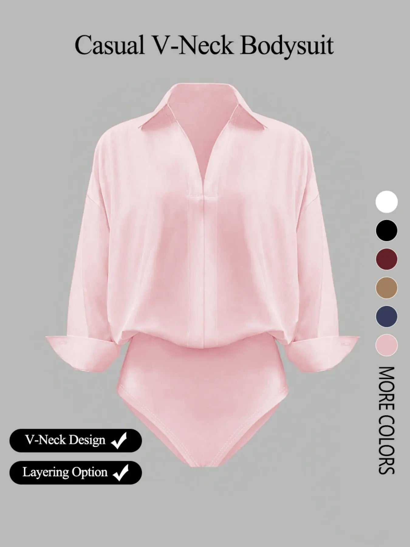 NINONERA Casual Loose V-Neck Long-Sleeved Shirt Bodysuit — Pink