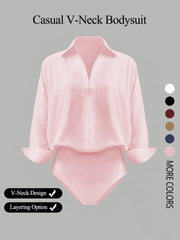 NINONERA Casual Loose V-Neck Long-Sleeved Shirt Bodysuit — Pink