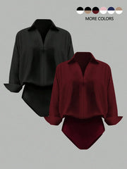 NINONERA Casual Loose V-Neck Long-Sleeved Shirt Bodysuit — Black and Burgundy Combination