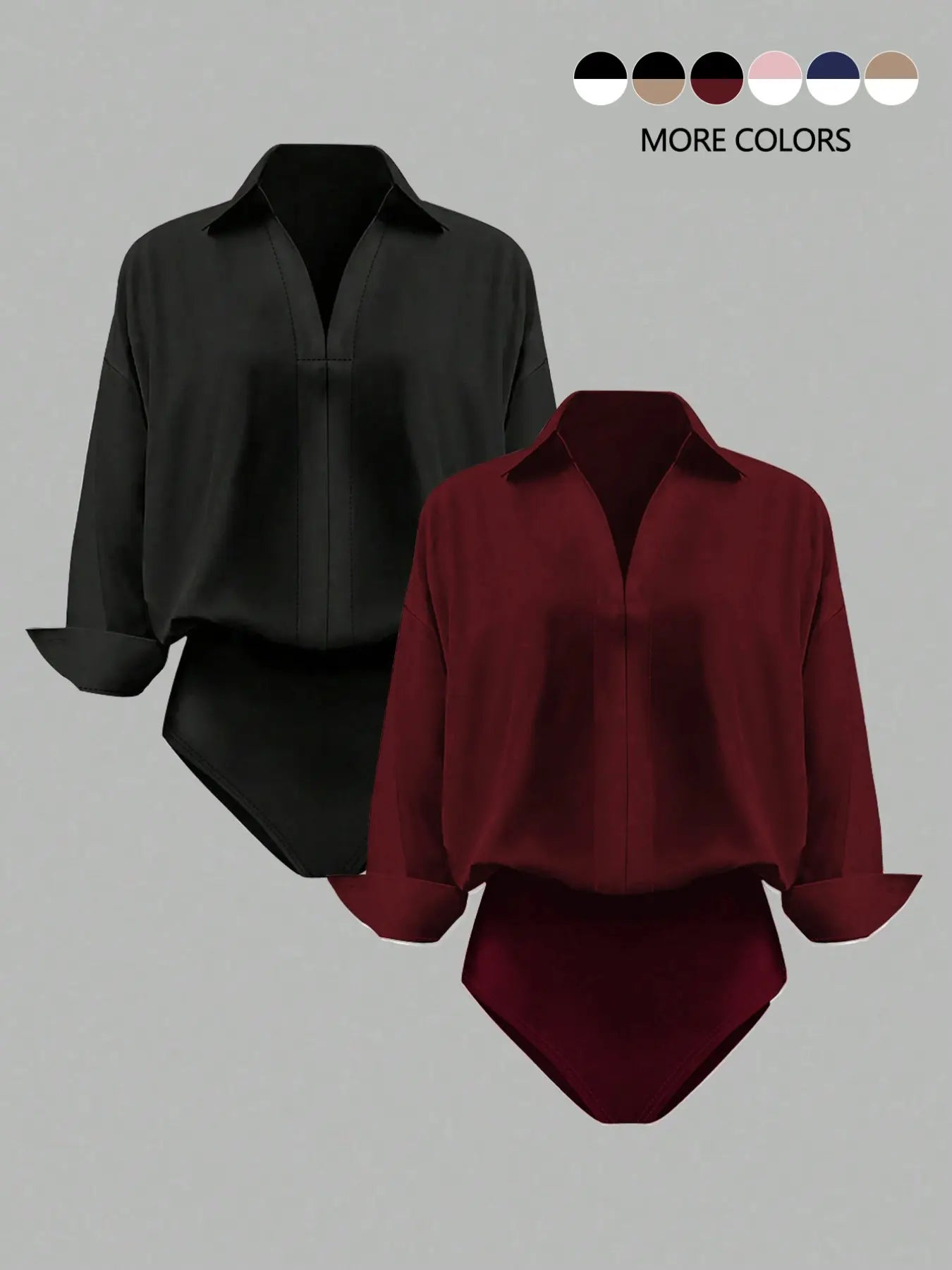 NINONERA casual loose V-neck long-sleeved shirt Bodysuit — Black and Burgundy Combination