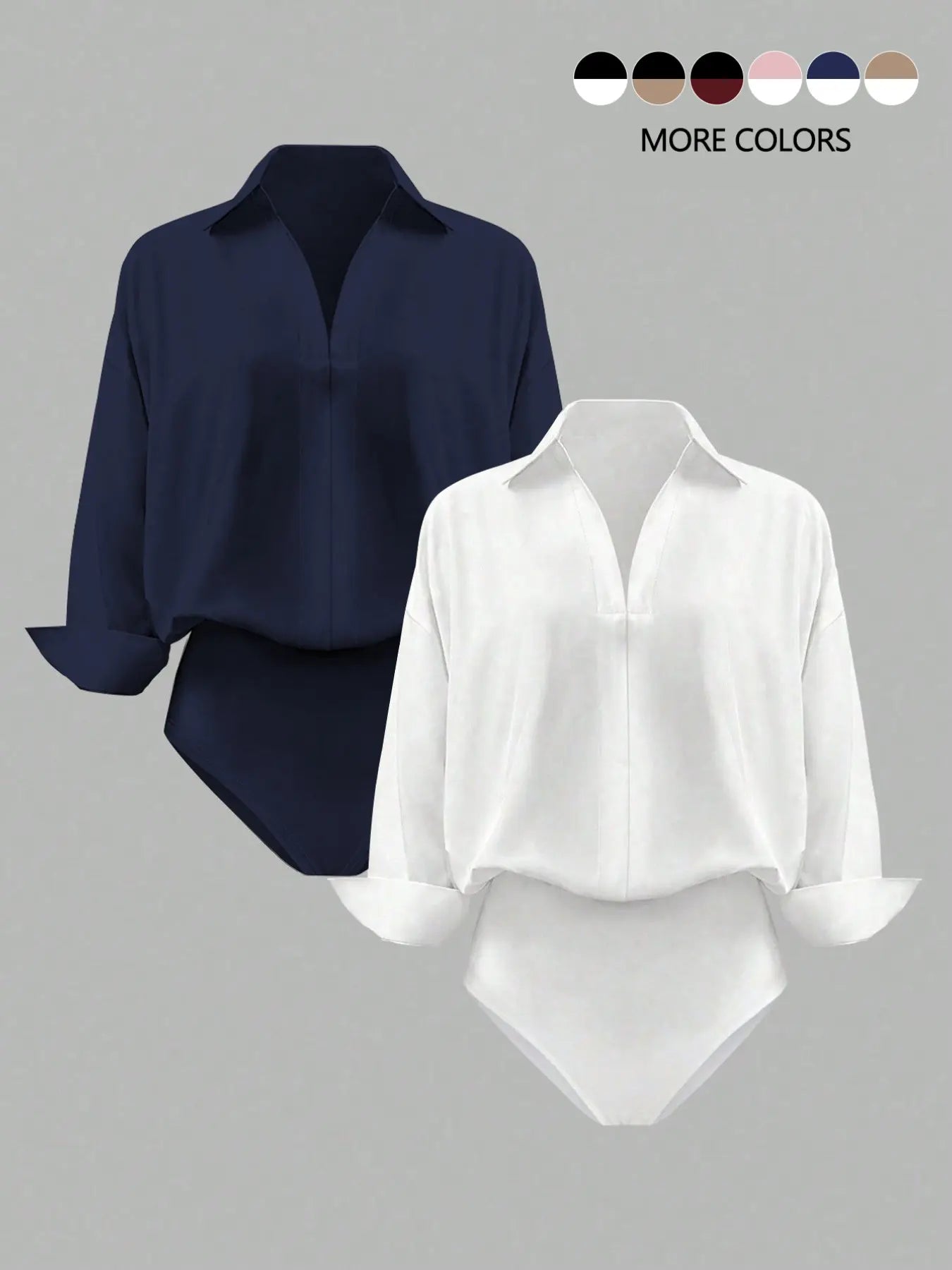 NINONERA casual loose V-neck long-sleeved shirt Bodysuit — White and dark blue combination