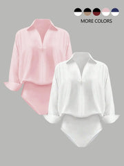 NINONERA Casual Loose V-Neck Long-Sleeved Shirt Bodysuit — White and pink combination