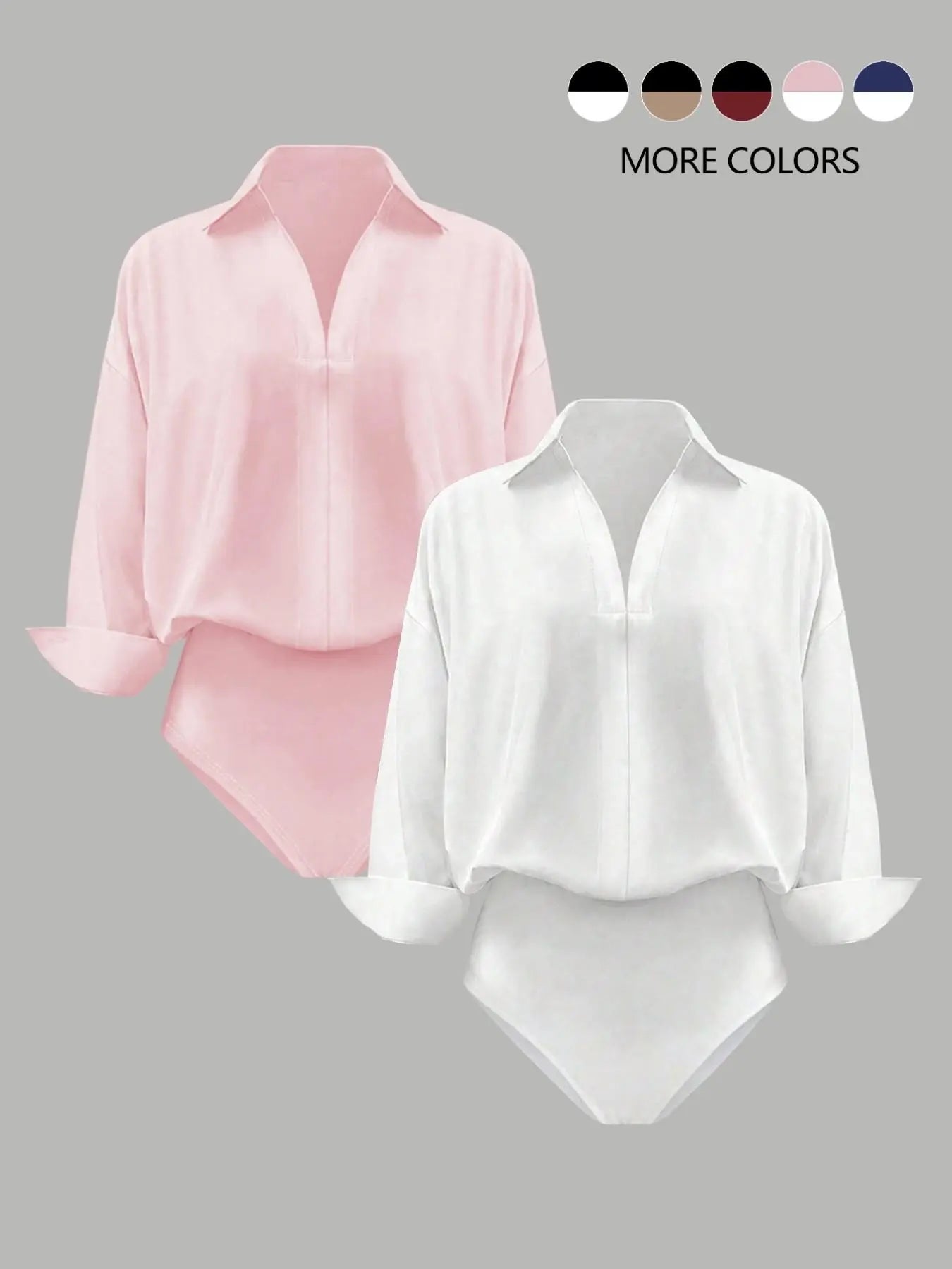 NINONERA Casual Loose V-Neck Long-Sleeved Shirt Bodysuit — White and pink combination