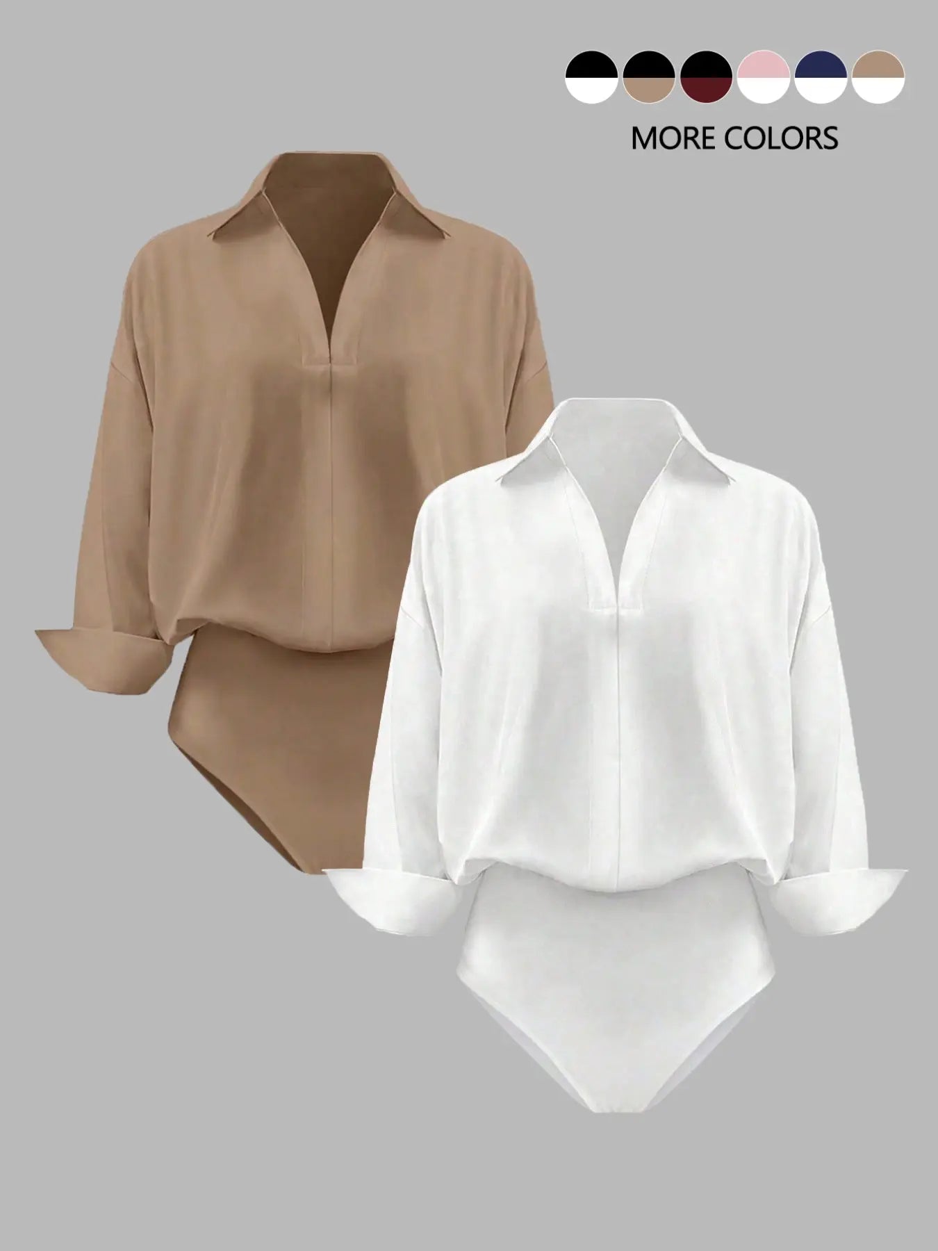 NINONERA casual loose V-neck long-sleeved shirt Bodysuit — White khaki set