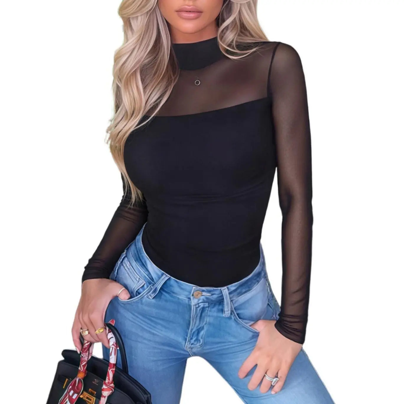 NINONERA Contour Turtleneck Bodysuit - Long Sleeve Mesh Body Sculpting Top — Black