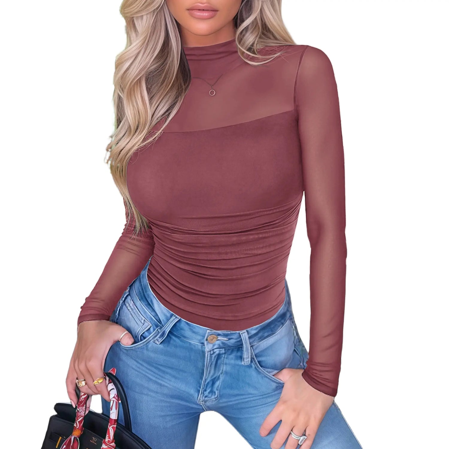 NINONERA Contour Turtleneck Bodysuit - Long Sleeve Mesh Body Sculpting Top — Purple