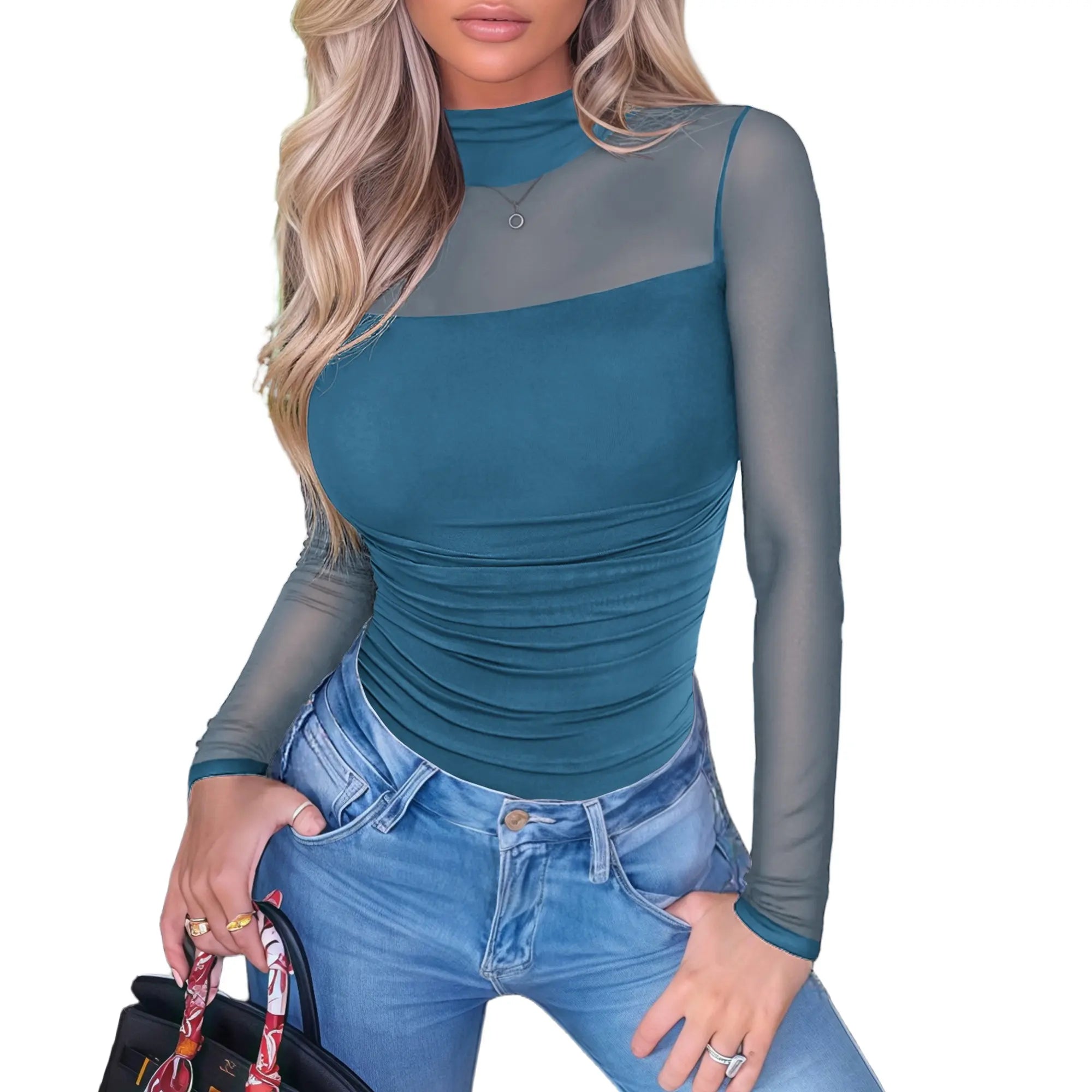 NINONERA Contour Turtleneck Bodysuit - Long Sleeve Mesh Body Sculpting Top — Blue Green