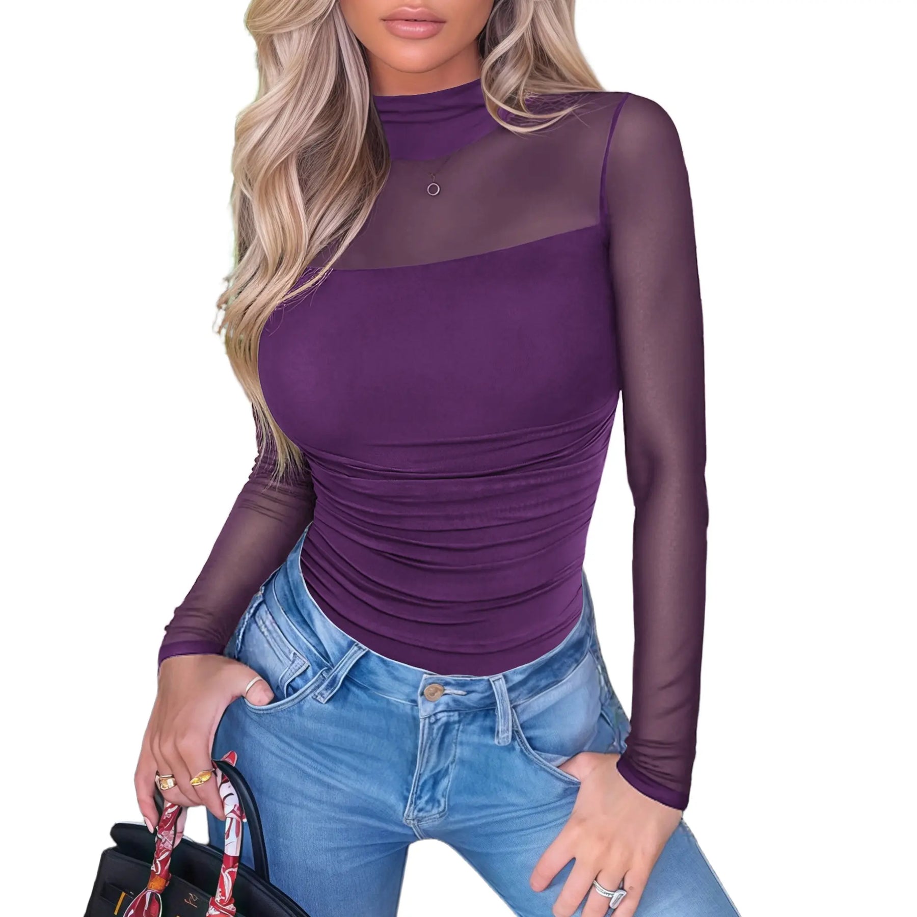 NINONERA Contour Turtleneck Bodysuit - Long Sleeve Mesh Body Sculpting Top — Dark Purple