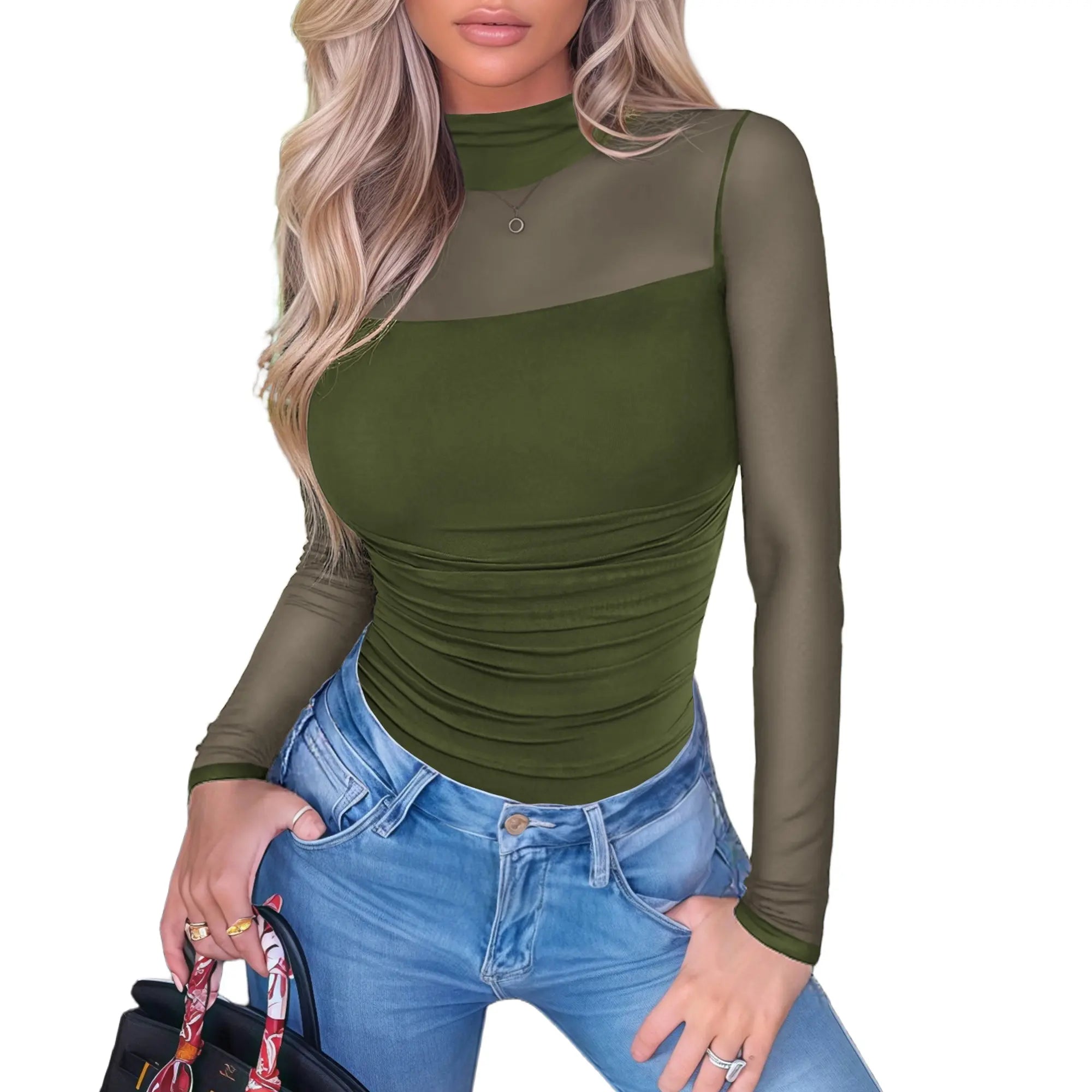 NINONERA Contour Turtleneck Bodysuit - Long Sleeve Mesh Body Sculpting Top — Green