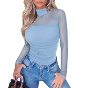 NINONERA Contour Turtleneck Bodysuit - Long Sleeve Mesh Body Sculpting Top — Light Blue