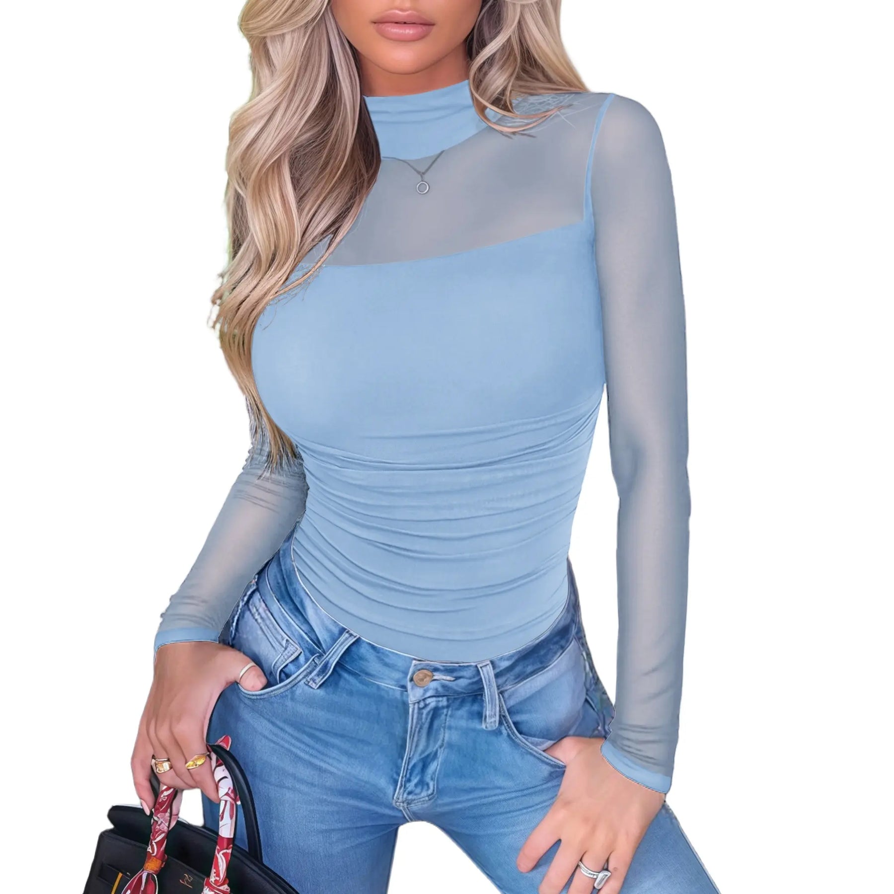 NINONERA Contour Turtleneck Bodysuit - Long Sleeve Mesh Body Sculpting Top — Light Blue