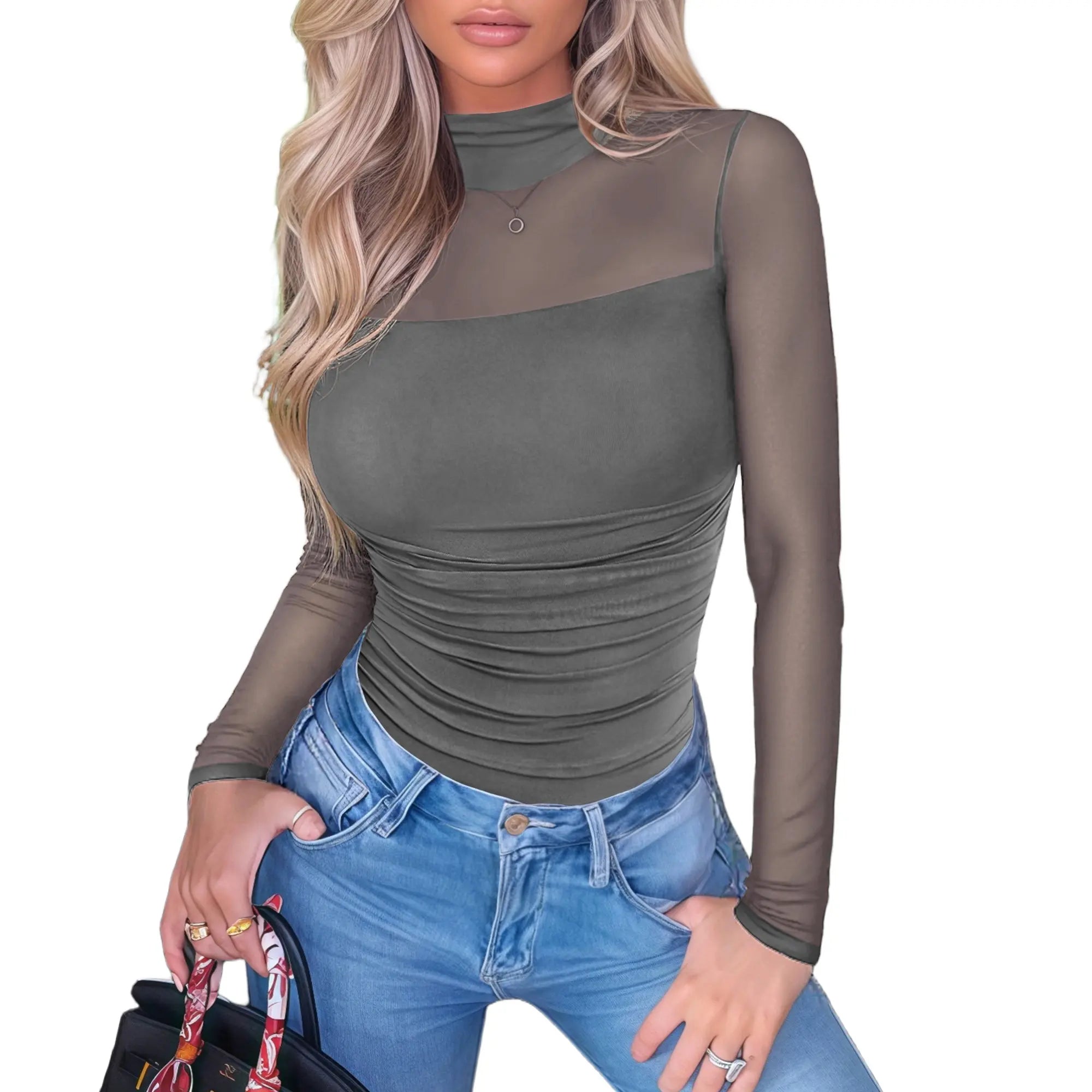 NINONERA Contour Turtleneck Bodysuit - Long Sleeve Mesh Body Sculpting Top — Dark Grey