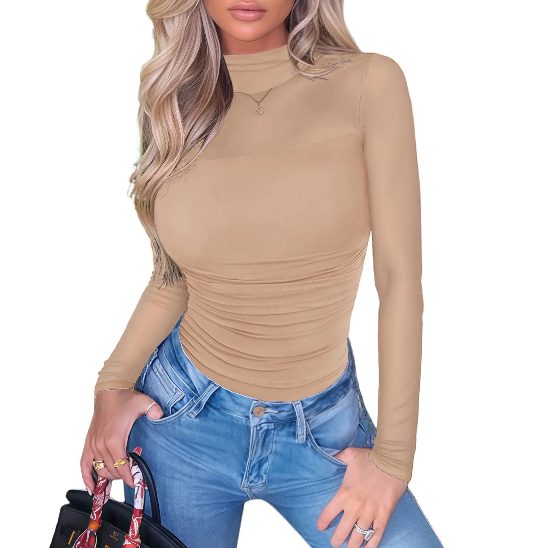 NINONERA Contour Turtleneck Bodysuit - Long Sleeve Mesh Body Sculpting Top — Nude