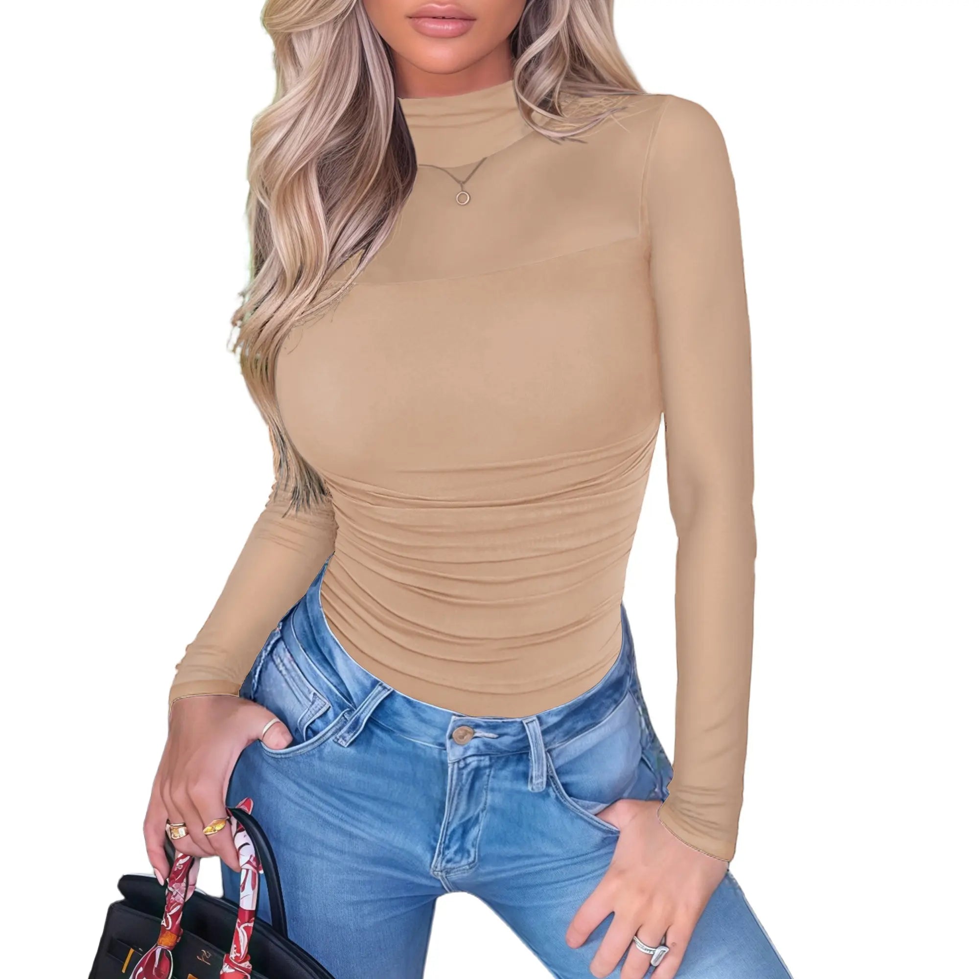 NINONERA Contour Turtleneck Bodysuit - Long Sleeve Mesh Body Sculpting Top — Nude