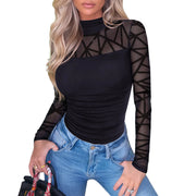 NINONERA Contour Turtleneck Bodysuit - Long Sleeve Mesh Body Sculpting Top — Geometric Pattern