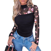 NINONERA Contour Turtleneck Bodysuit - Long Sleeve Mesh Body Sculpting Top — Print Flower
