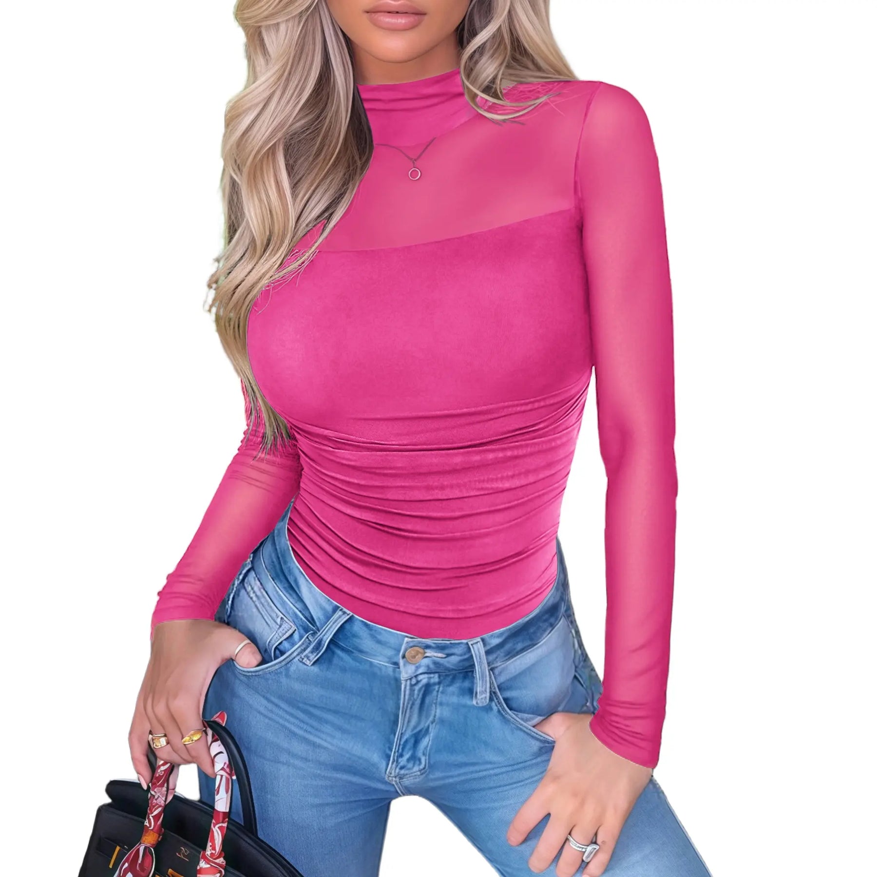 NINONERA Contour Turtleneck Bodysuit - Long Sleeve Mesh Body Sculpting Top — Rose Red