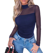 NINONERA Contour Turtleneck Bodysuit - Long Sleeve Mesh Body Sculpting Top — Navy Blue