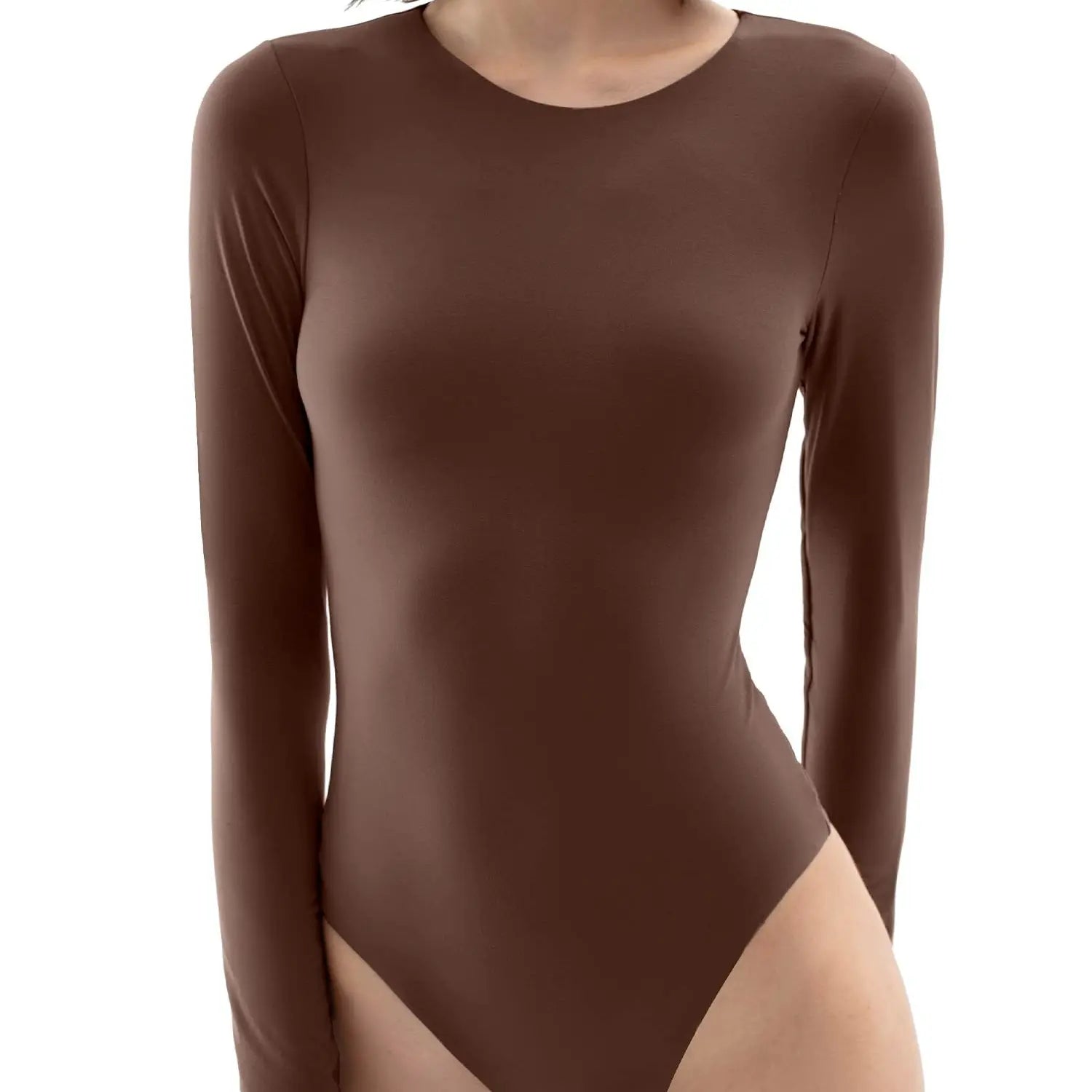 NINONERA Long Sleeve Crew Neck Bodysuit Tops - Snatched Fitted Basic — Tiramisu