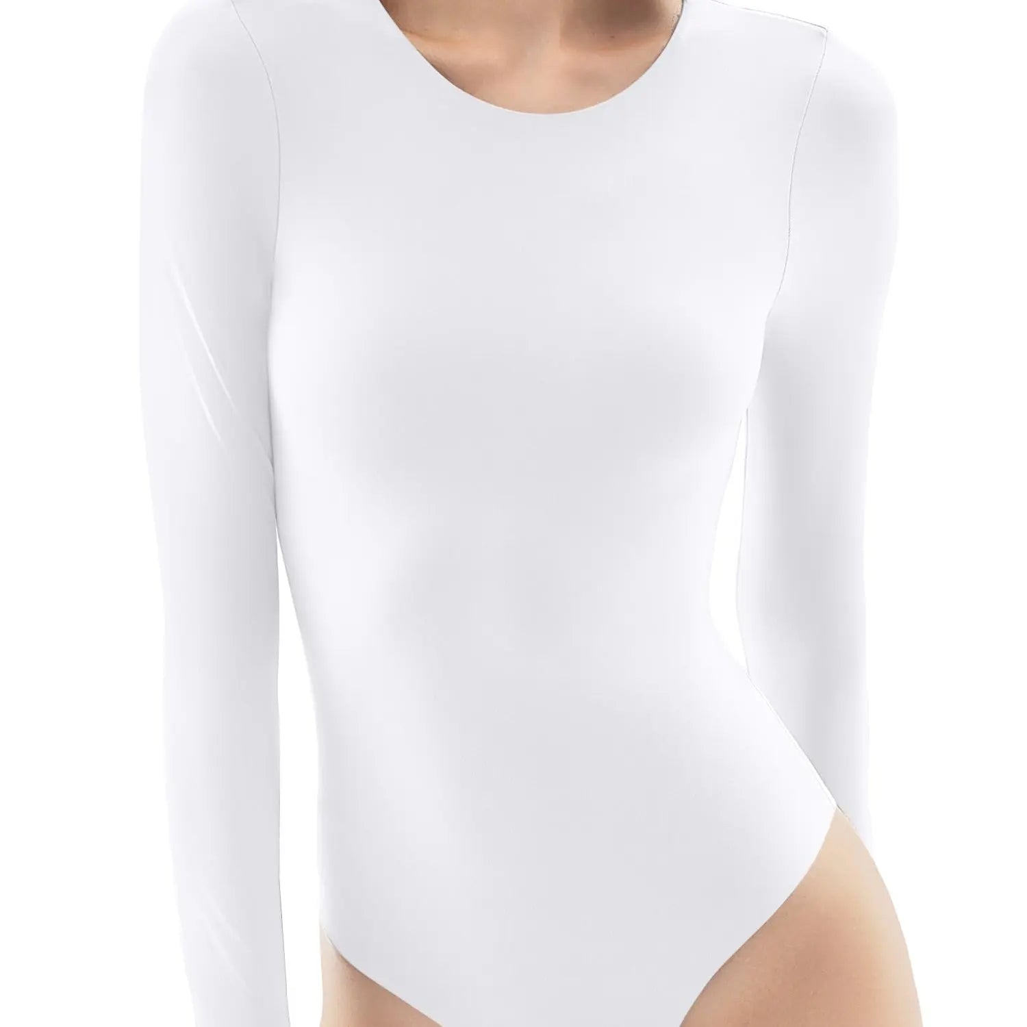 NINONERA Long Sleeve Crew Neck Bodysuit Tops - Snatched Fitted Basic — Splashed white