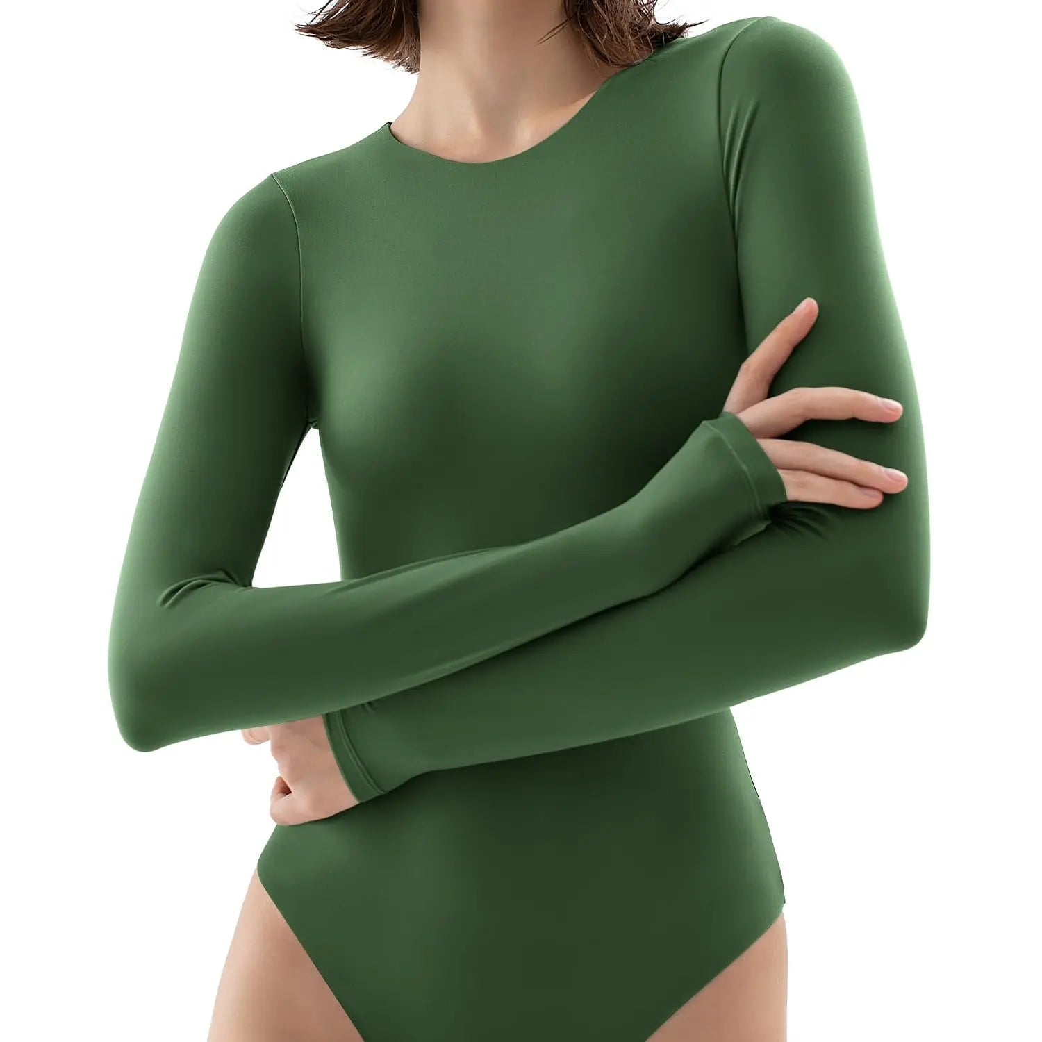 NINONERA Long Sleeve Crew Neck Bodysuit Tops - Snatched Fitted Basic — Pine