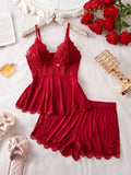 NINONERA Plain Lace Patchwork Bow Decor Cami Top & Shorts PJ Set
