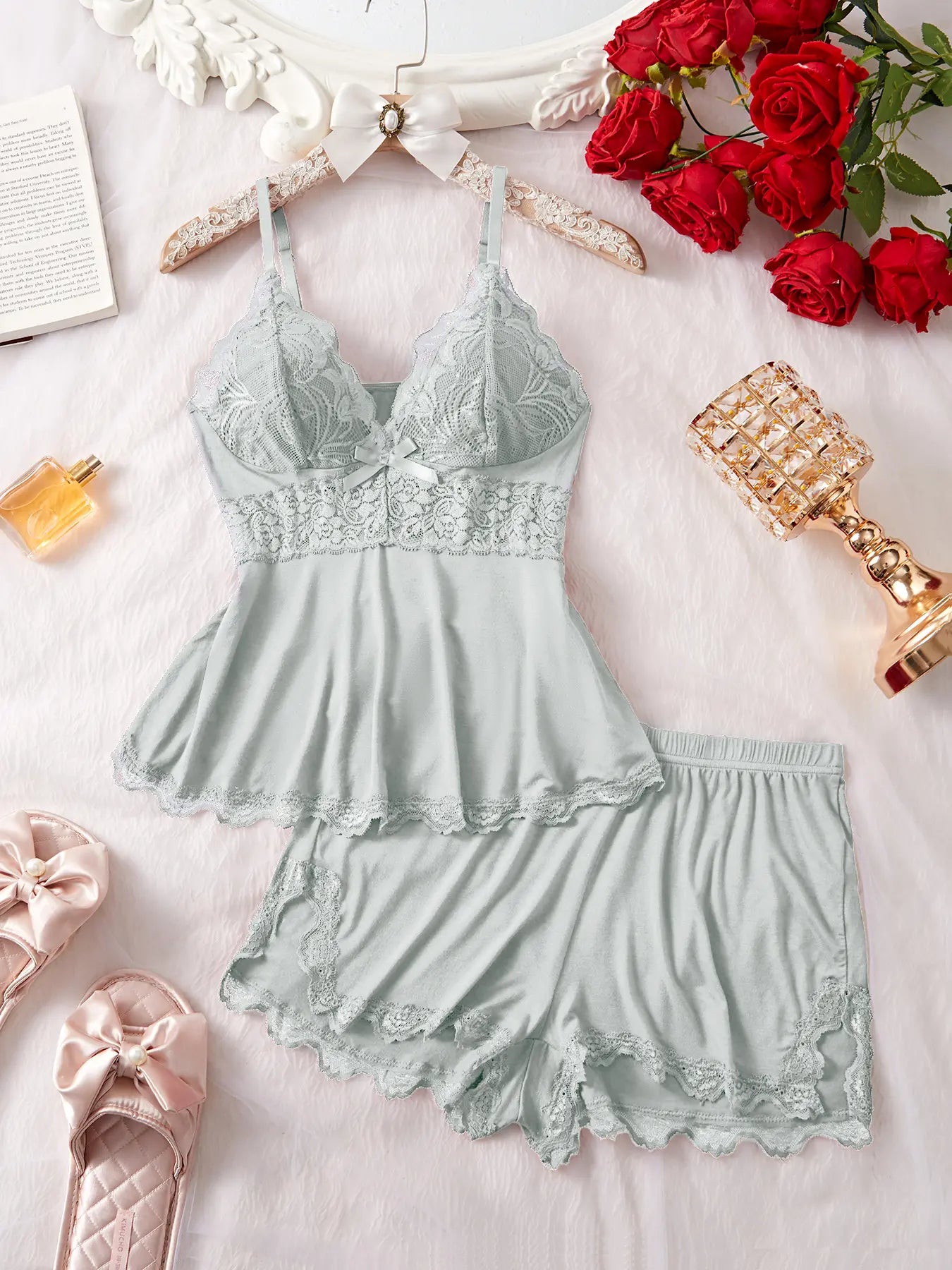NINONERA Plain Lace Patchwork Bow Decor Cami Top & Shorts PJ Set — Grey